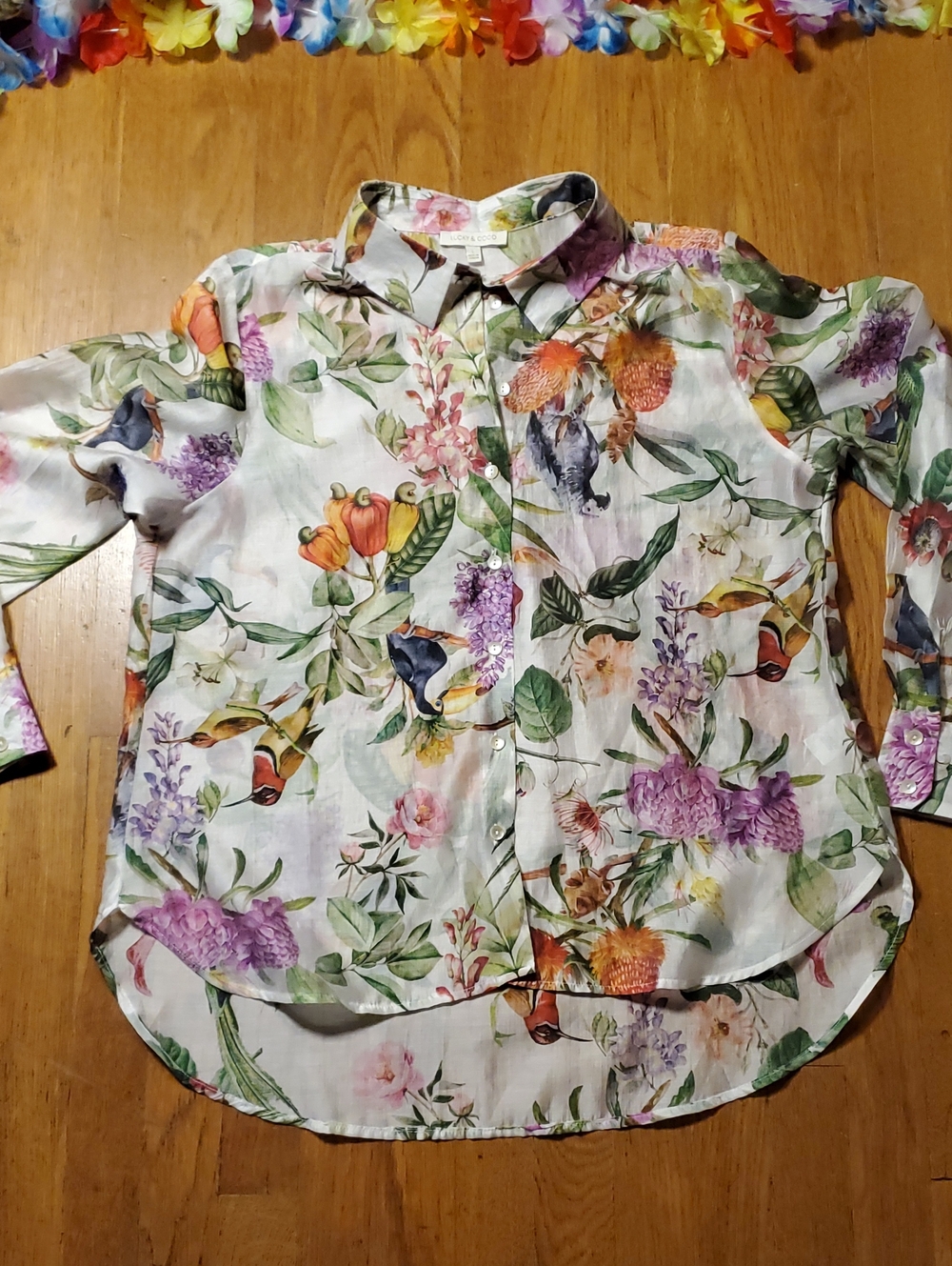 Semi Sheer Tropical Button Down Shirt With Birds